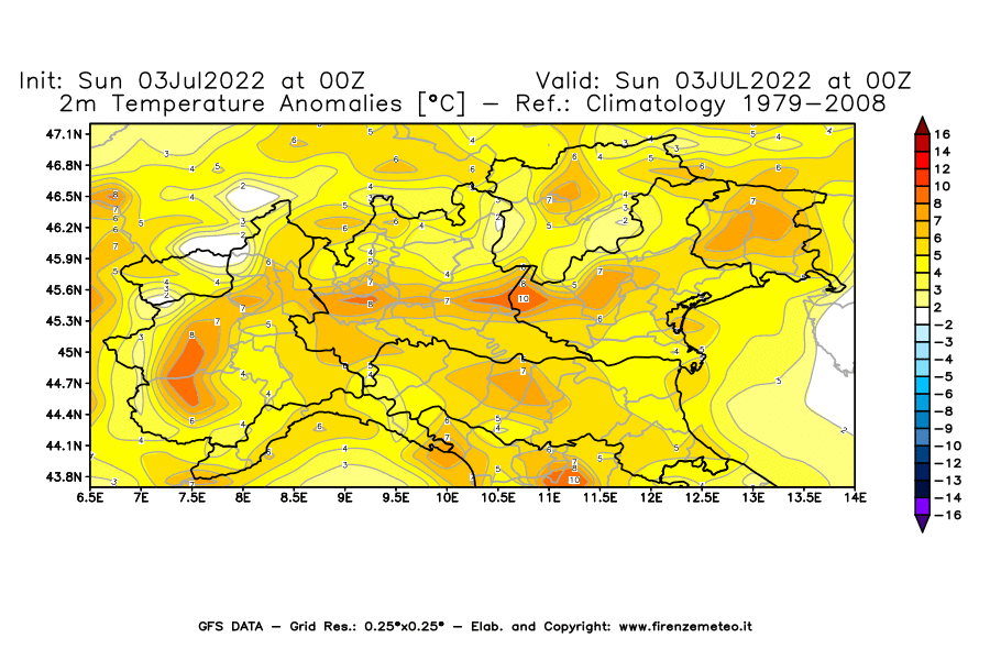 GFS analysi map - Temperature Anomalies [°C] at 2 m in Northern Italy
									on 03/07/2022 00 <!--googleoff: index-->UTC<!--googleon: index-->