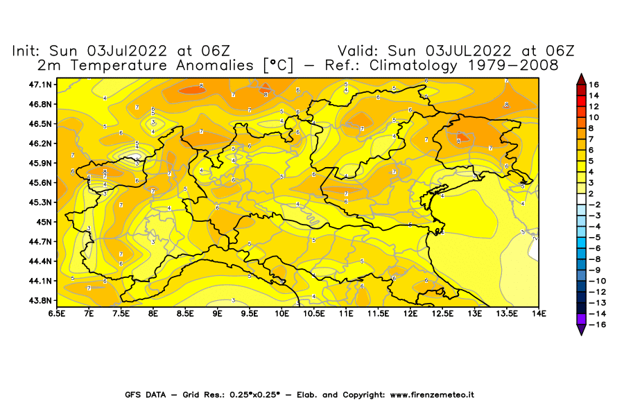 Mappa di analisi GFS - Anomalia Temperatura [°C] a 2 m in Nord-Italia
							del 03/07/2022 06 <!--googleoff: index-->UTC<!--googleon: index-->