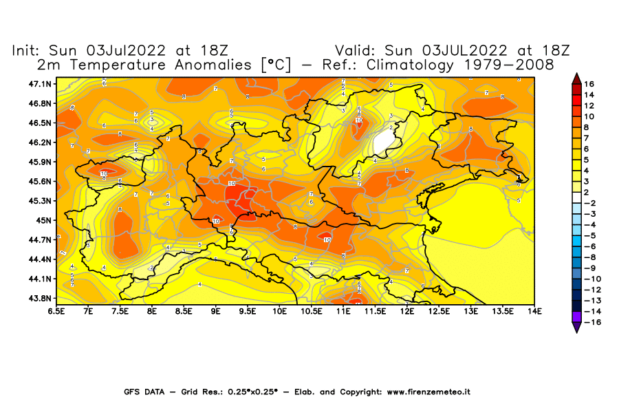 Mappa di analisi GFS - Anomalia Temperatura [°C] a 2 m in Nord-Italia
							del 03/07/2022 18 <!--googleoff: index-->UTC<!--googleon: index-->