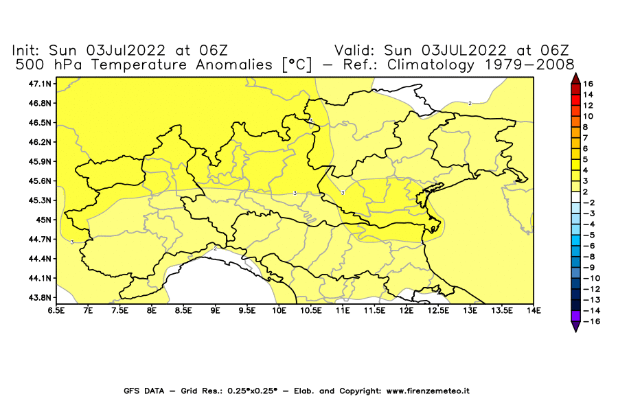 GFS analysi map - Temperature Anomalies [°C] at 500 hPa in Northern Italy
									on 03/07/2022 06 <!--googleoff: index-->UTC<!--googleon: index-->