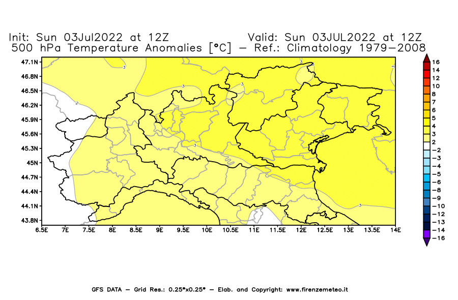 Mappa di analisi GFS - Anomalia Temperatura [°C] a 500 hPa in Nord-Italia
							del 03/07/2022 12 <!--googleoff: index-->UTC<!--googleon: index-->