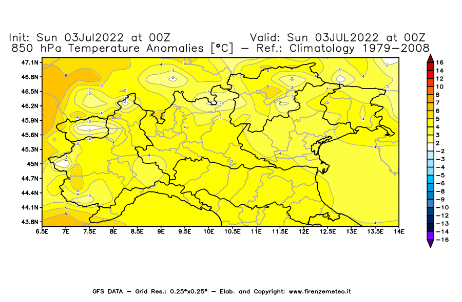 Mappa di analisi GFS - Anomalia Temperatura [°C] a 850 hPa in Nord-Italia
							del 03/07/2022 00 <!--googleoff: index-->UTC<!--googleon: index-->