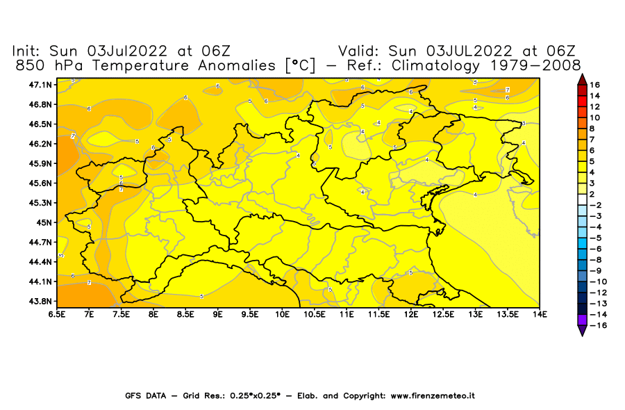 Mappa di analisi GFS - Anomalia Temperatura [°C] a 850 hPa in Nord-Italia
							del 03/07/2022 06 <!--googleoff: index-->UTC<!--googleon: index-->