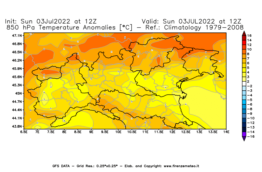 Mappa di analisi GFS - Anomalia Temperatura [°C] a 850 hPa in Nord-Italia
							del 03/07/2022 12 <!--googleoff: index-->UTC<!--googleon: index-->