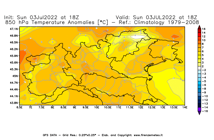 Mappa di analisi GFS - Anomalia Temperatura [°C] a 850 hPa in Nord-Italia
							del 03/07/2022 18 <!--googleoff: index-->UTC<!--googleon: index-->