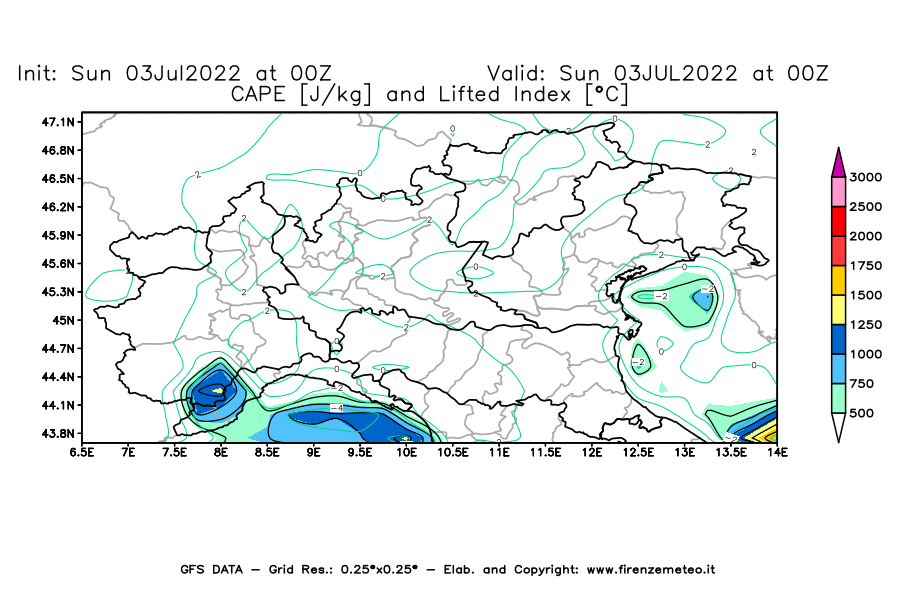 GFS analysi map - CAPE [J/kg] and Lifted Index [°C] in Northern Italy
									on 03/07/2022 00 <!--googleoff: index-->UTC<!--googleon: index-->