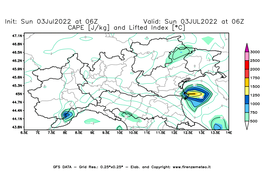 GFS analysi map - CAPE [J/kg] and Lifted Index [°C] in Northern Italy
									on 03/07/2022 06 <!--googleoff: index-->UTC<!--googleon: index-->