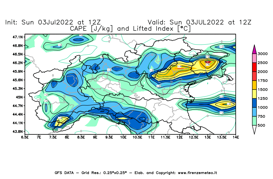 GFS analysi map - CAPE [J/kg] and Lifted Index [°C] in Northern Italy
									on 03/07/2022 12 <!--googleoff: index-->UTC<!--googleon: index-->
