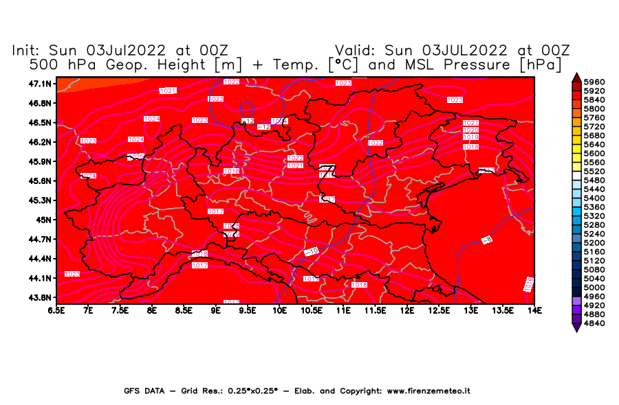 Mappa di analisi GFS - Geopotenziale [m] + Temp. [°C] a 500 hPa + Press. a livello del mare [hPa] in Nord-Italia
							del 03/07/2022 00 <!--googleoff: index-->UTC<!--googleon: index-->