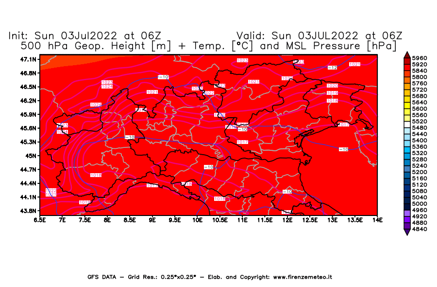 Mappa di analisi GFS - Geopotenziale [m] + Temp. [°C] a 500 hPa + Press. a livello del mare [hPa] in Nord-Italia
							del 03/07/2022 06 <!--googleoff: index-->UTC<!--googleon: index-->