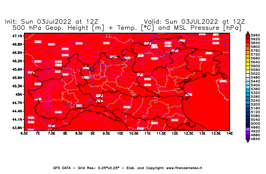 Mappa di analisi GFS - Geopotenziale [m] + Temp. [°C] a 500 hPa + Press. a livello del mare [hPa] in Nord-Italia
							del 03/07/2022 12 <!--googleoff: index-->UTC<!--googleon: index-->