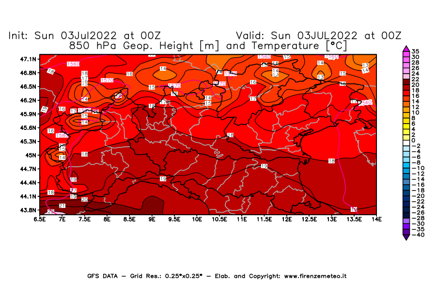 Mappa di analisi GFS - Geopotenziale [m] e Temperatura [°C] a 850 hPa in Nord-Italia
							del 03/07/2022 00 <!--googleoff: index-->UTC<!--googleon: index-->