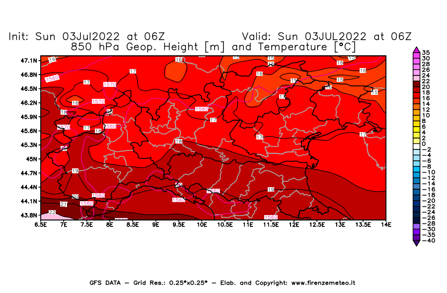 Mappa di analisi GFS - Geopotenziale [m] e Temperatura [°C] a 850 hPa in Nord-Italia
							del 03/07/2022 06 <!--googleoff: index-->UTC<!--googleon: index-->