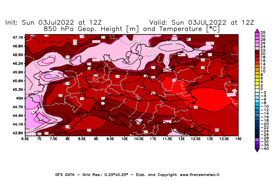 Mappa di analisi GFS - Geopotenziale [m] e Temperatura [°C] a 850 hPa in Nord-Italia
							del 03/07/2022 12 <!--googleoff: index-->UTC<!--googleon: index-->