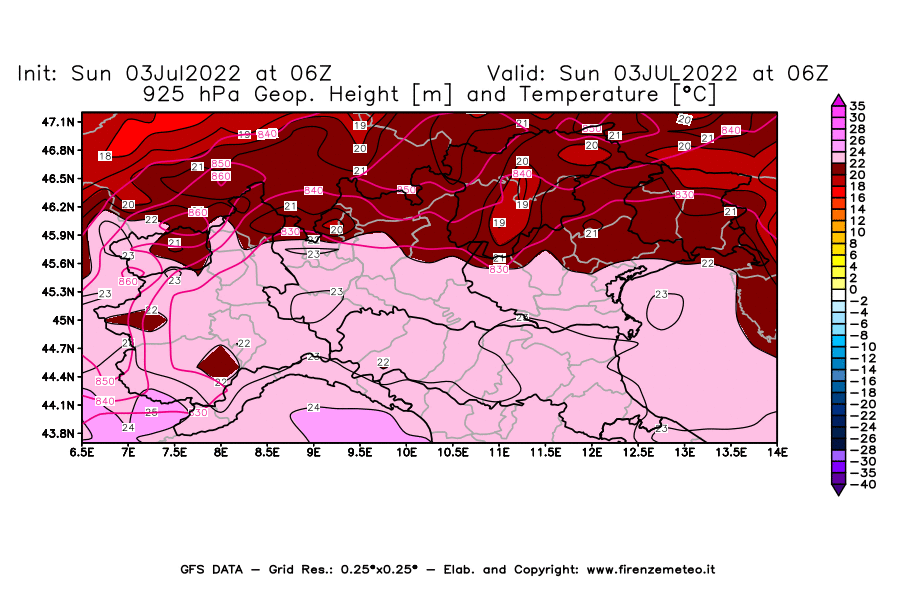Mappa di analisi GFS - Geopotenziale [m] e Temperatura [°C] a 925 hPa in Nord-Italia
							del 03/07/2022 06 <!--googleoff: index-->UTC<!--googleon: index-->