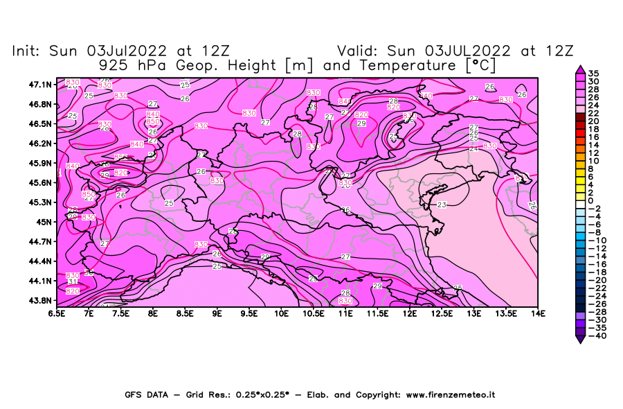 Mappa di analisi GFS - Geopotenziale [m] e Temperatura [°C] a 925 hPa in Nord-Italia
							del 03/07/2022 12 <!--googleoff: index-->UTC<!--googleon: index-->