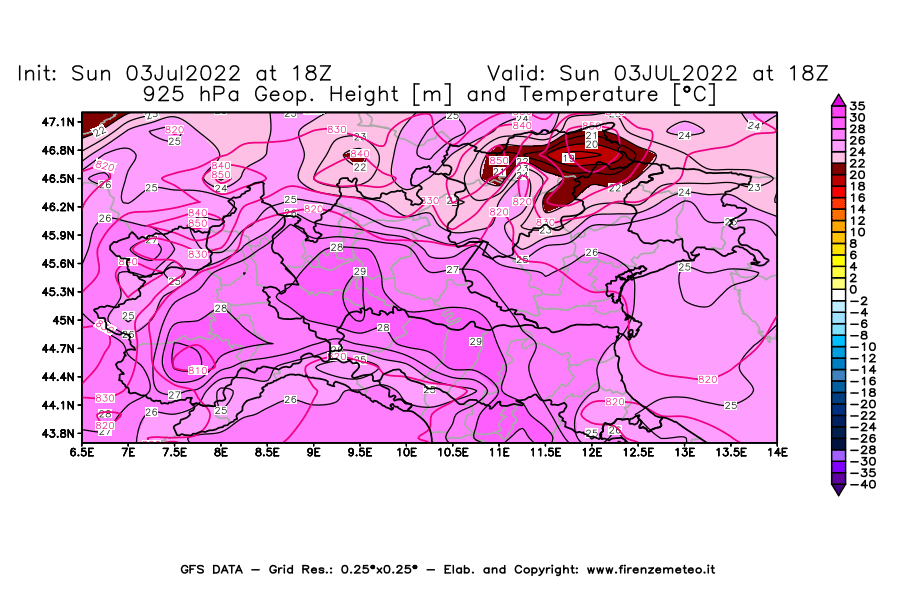 Mappa di analisi GFS - Geopotenziale [m] e Temperatura [°C] a 925 hPa in Nord-Italia
							del 03/07/2022 18 <!--googleoff: index-->UTC<!--googleon: index-->