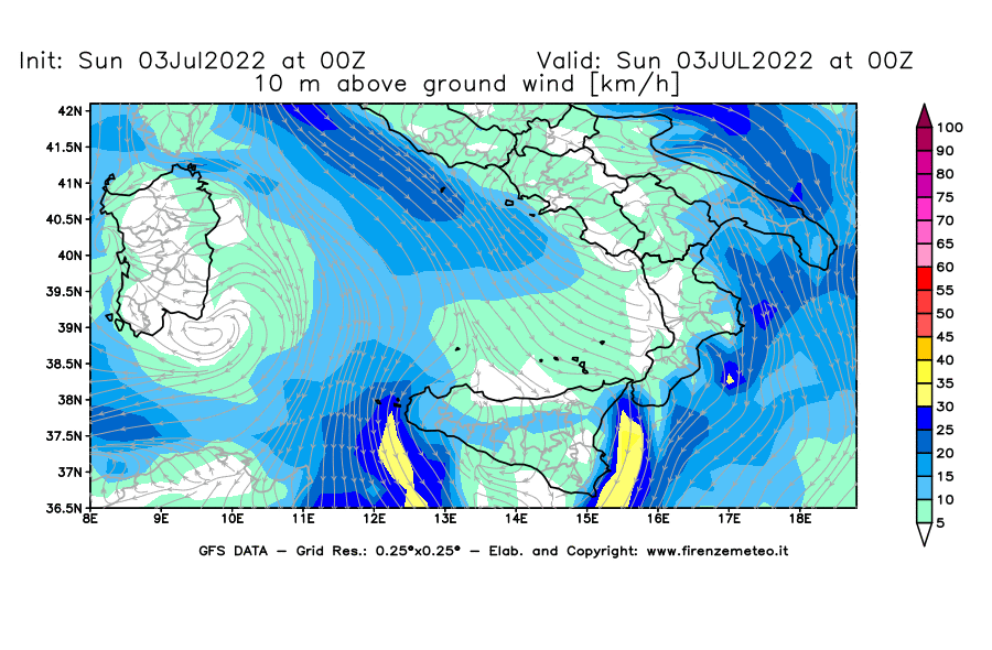 Mappa di analisi GFS - Velocità del vento a 10 metri dal suolo [km/h] in Sud-Italia
							del 03/07/2022 00 <!--googleoff: index-->UTC<!--googleon: index-->