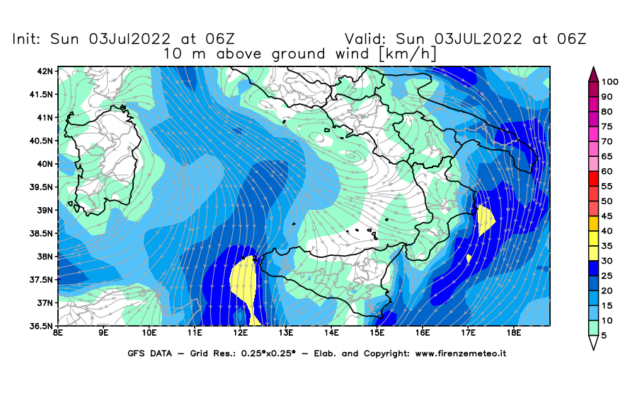 Mappa di analisi GFS - Velocità del vento a 10 metri dal suolo [km/h] in Sud-Italia
							del 03/07/2022 06 <!--googleoff: index-->UTC<!--googleon: index-->