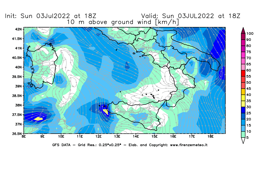 Mappa di analisi GFS - Velocità del vento a 10 metri dal suolo [km/h] in Sud-Italia
							del 03/07/2022 18 <!--googleoff: index-->UTC<!--googleon: index-->