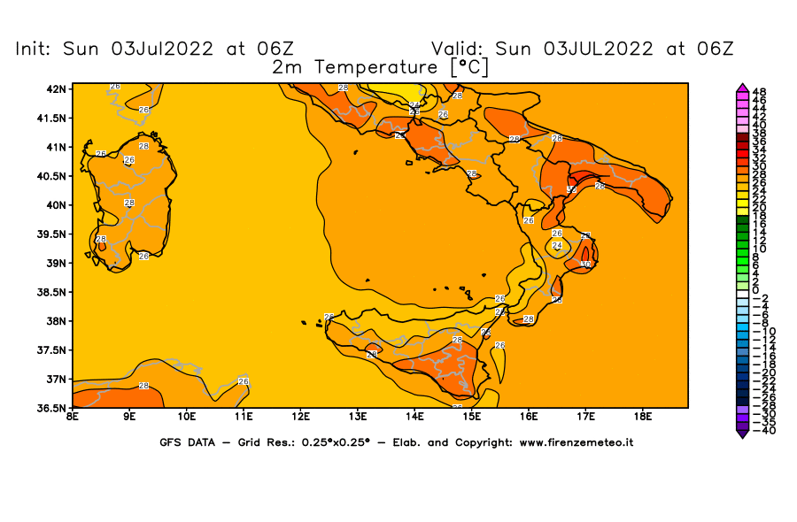 Mappa di analisi GFS - Temperatura a 2 metri dal suolo [°C] in Sud-Italia
							del 03/07/2022 06 <!--googleoff: index-->UTC<!--googleon: index-->