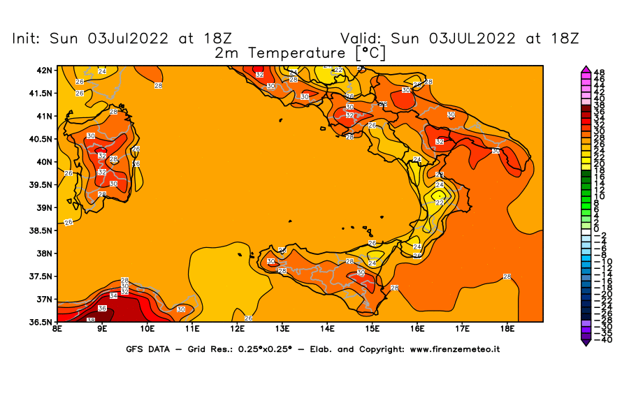 GFS analysi map - Temperature at 2 m above ground [°C] in Southern Italy
									on 03/07/2022 18 <!--googleoff: index-->UTC<!--googleon: index-->