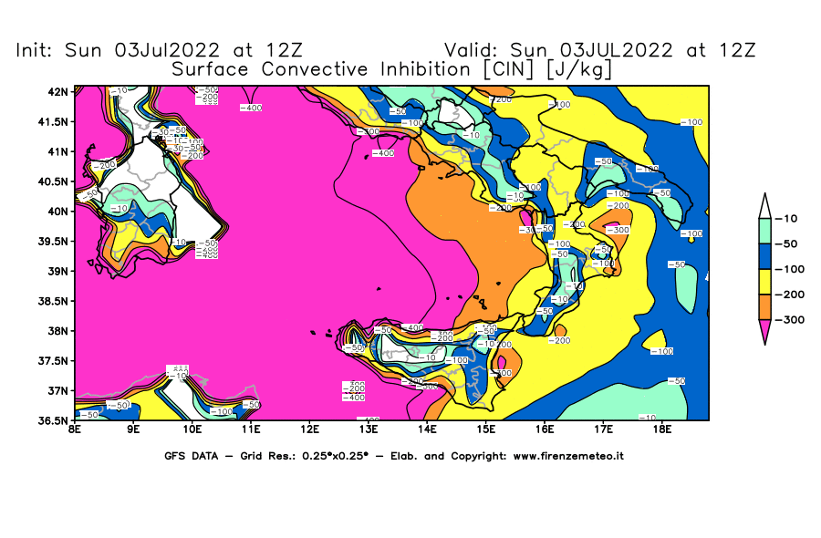 GFS analysi map - CIN [J/kg] in Southern Italy
									on 03/07/2022 12 <!--googleoff: index-->UTC<!--googleon: index-->