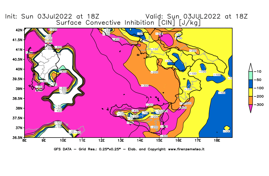 GFS analysi map - CIN [J/kg] in Southern Italy
									on 03/07/2022 18 <!--googleoff: index-->UTC<!--googleon: index-->