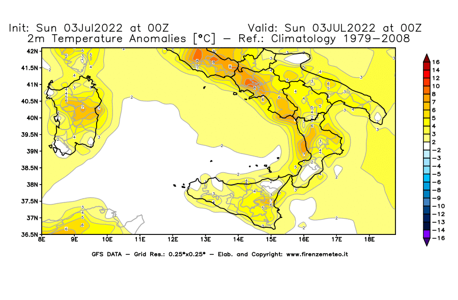 Mappa di analisi GFS - Anomalia Temperatura [°C] a 2 m in Sud-Italia
							del 03/07/2022 00 <!--googleoff: index-->UTC<!--googleon: index-->