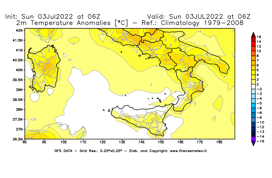 Mappa di analisi GFS - Anomalia Temperatura [°C] a 2 m in Sud-Italia
							del 03/07/2022 06 <!--googleoff: index-->UTC<!--googleon: index-->