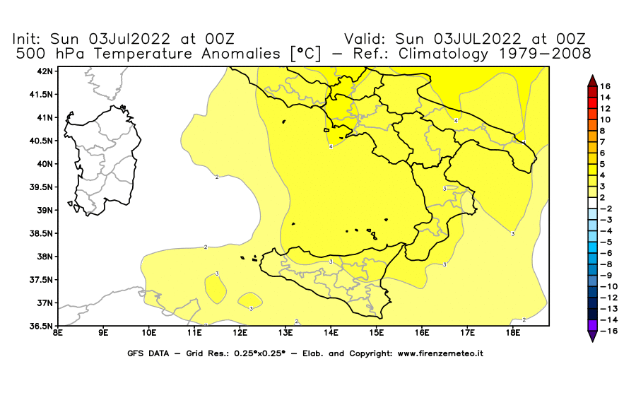 Mappa di analisi GFS - Anomalia Temperatura [°C] a 500 hPa in Sud-Italia
							del 03/07/2022 00 <!--googleoff: index-->UTC<!--googleon: index-->
