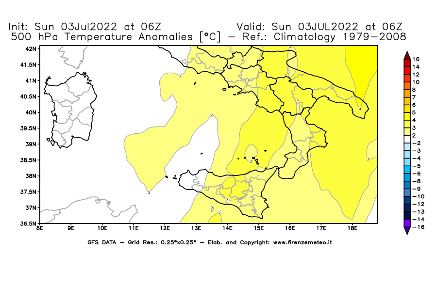 Mappa di analisi GFS - Anomalia Temperatura [°C] a 500 hPa in Sud-Italia
							del 03/07/2022 06 <!--googleoff: index-->UTC<!--googleon: index-->
