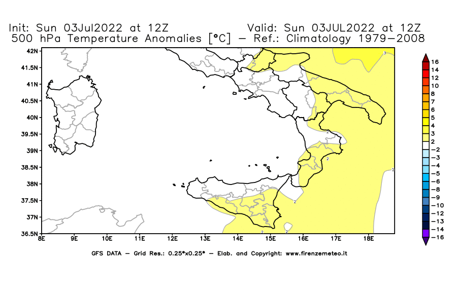 Mappa di analisi GFS - Anomalia Temperatura [°C] a 500 hPa in Sud-Italia
							del 03/07/2022 12 <!--googleoff: index-->UTC<!--googleon: index-->