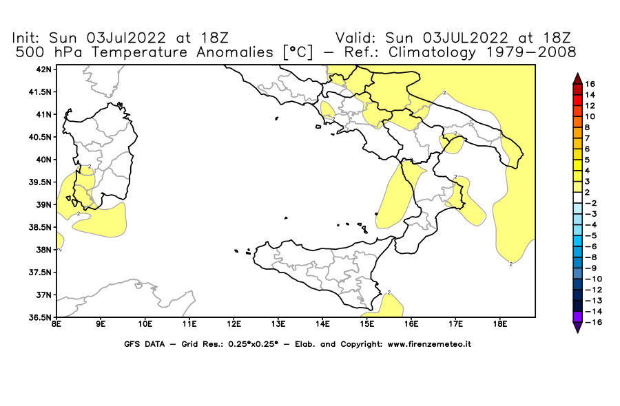 Mappa di analisi GFS - Anomalia Temperatura [°C] a 500 hPa in Sud-Italia
							del 03/07/2022 18 <!--googleoff: index-->UTC<!--googleon: index-->