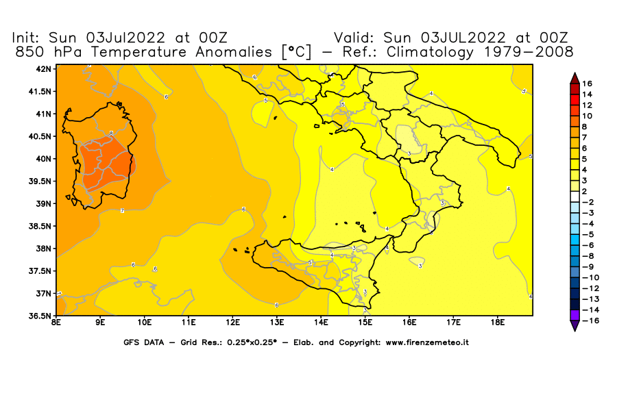 GFS analysi map - Temperature Anomalies [°C] at 850 hPa in Southern Italy
									on 03/07/2022 00 <!--googleoff: index-->UTC<!--googleon: index-->