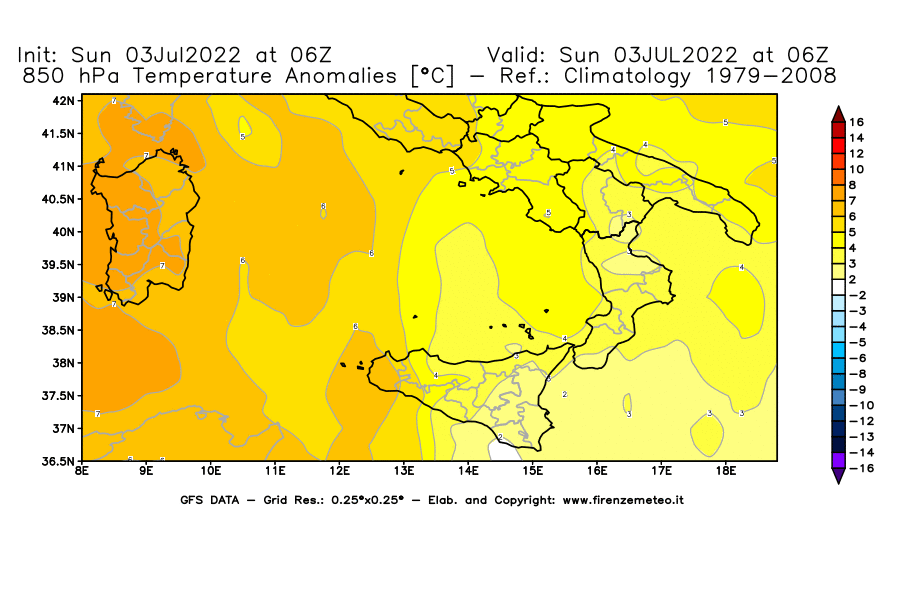 Mappa di analisi GFS - Anomalia Temperatura [°C] a 850 hPa in Sud-Italia
							del 03/07/2022 06 <!--googleoff: index-->UTC<!--googleon: index-->