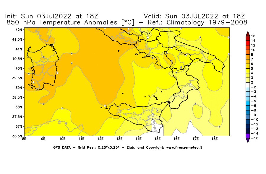 Mappa di analisi GFS - Anomalia Temperatura [°C] a 850 hPa in Sud-Italia
							del 03/07/2022 18 <!--googleoff: index-->UTC<!--googleon: index-->