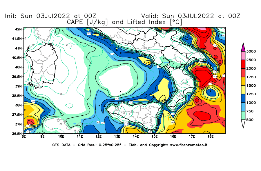 GFS analysi map - CAPE [J/kg] and Lifted Index [°C] in Southern Italy
									on 03/07/2022 00 <!--googleoff: index-->UTC<!--googleon: index-->