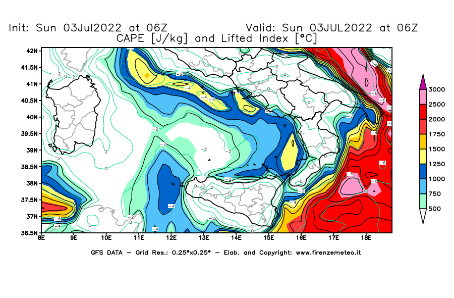 GFS analysi map - CAPE [J/kg] and Lifted Index [°C] in Southern Italy
									on 03/07/2022 06 <!--googleoff: index-->UTC<!--googleon: index-->