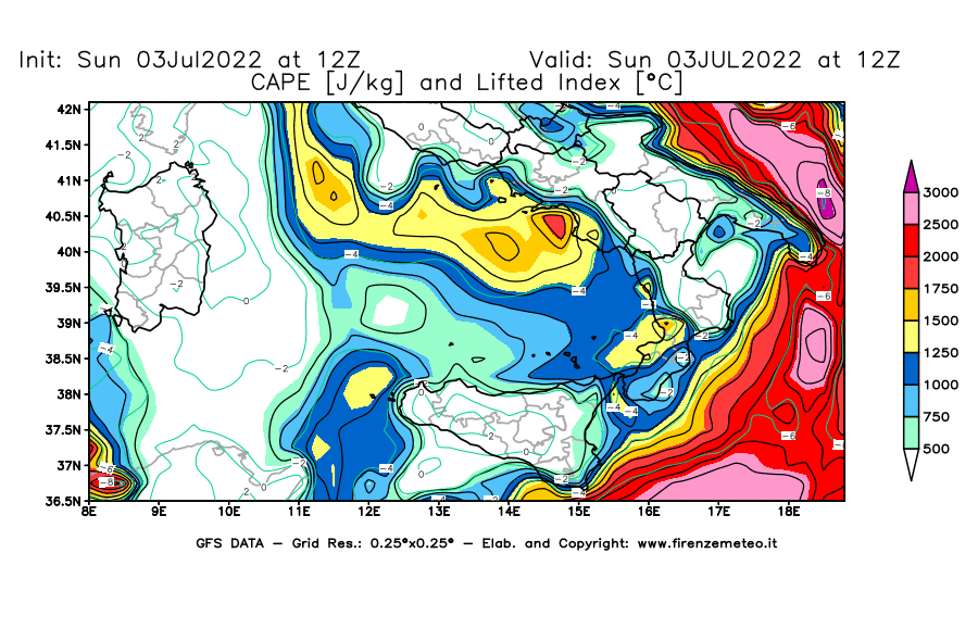 GFS analysi map - CAPE [J/kg] and Lifted Index [°C] in Southern Italy
									on 03/07/2022 12 <!--googleoff: index-->UTC<!--googleon: index-->