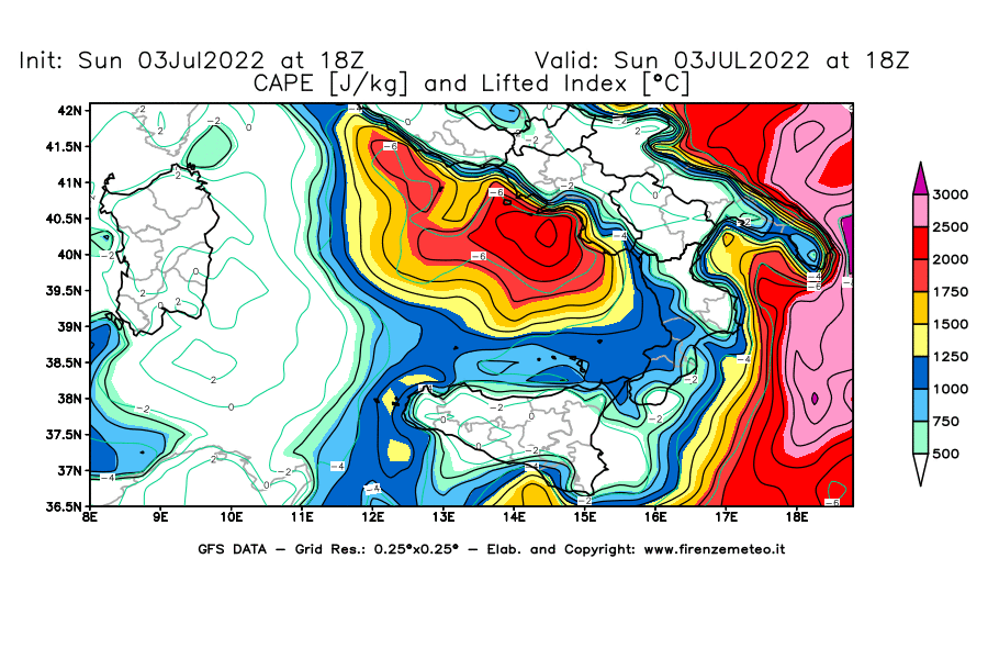 GFS analysi map - CAPE [J/kg] and Lifted Index [°C] in Southern Italy
									on 03/07/2022 18 <!--googleoff: index-->UTC<!--googleon: index-->