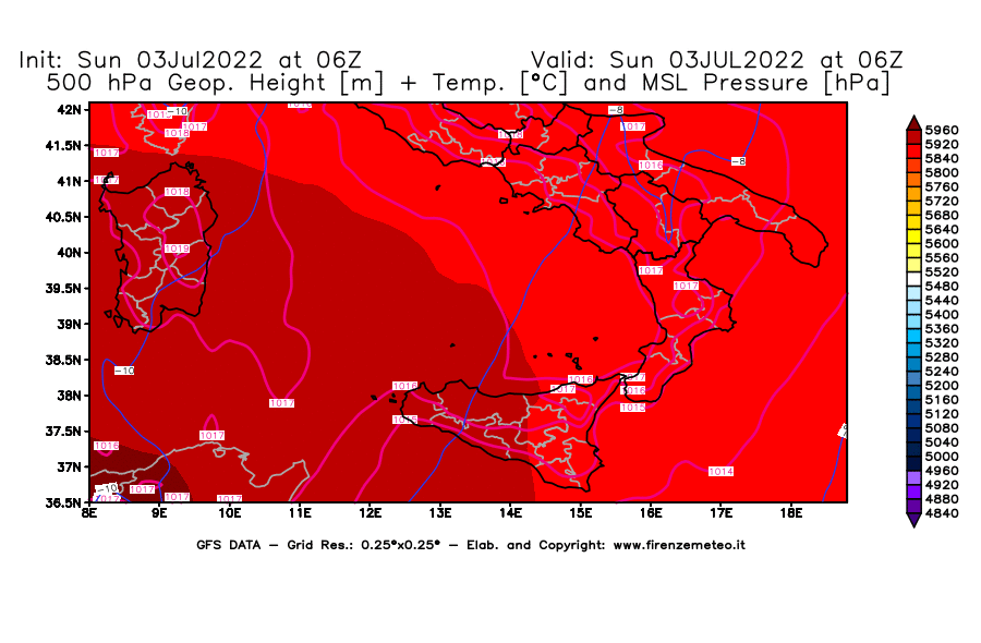 Mappa di analisi GFS - Geopotenziale [m] + Temp. [°C] a 500 hPa + Press. a livello del mare [hPa] in Sud-Italia
							del 03/07/2022 06 <!--googleoff: index-->UTC<!--googleon: index-->