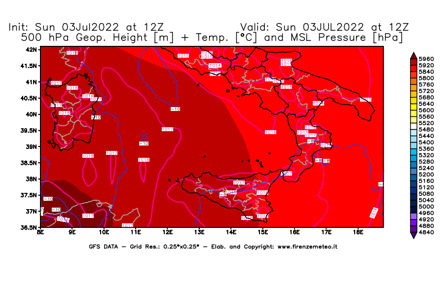 Mappa di analisi GFS - Geopotenziale [m] + Temp. [°C] a 500 hPa + Press. a livello del mare [hPa] in Sud-Italia
							del 03/07/2022 12 <!--googleoff: index-->UTC<!--googleon: index-->