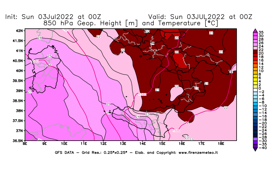 Mappa di analisi GFS - Geopotenziale [m] e Temperatura [°C] a 850 hPa in Sud-Italia
							del 03/07/2022 00 <!--googleoff: index-->UTC<!--googleon: index-->