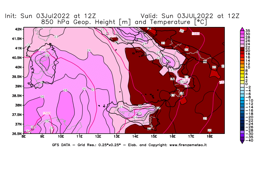 GFS analysi map - Geopotential [m] and Temperature [°C] at 850 hPa in Southern Italy
									on 03/07/2022 12 <!--googleoff: index-->UTC<!--googleon: index-->