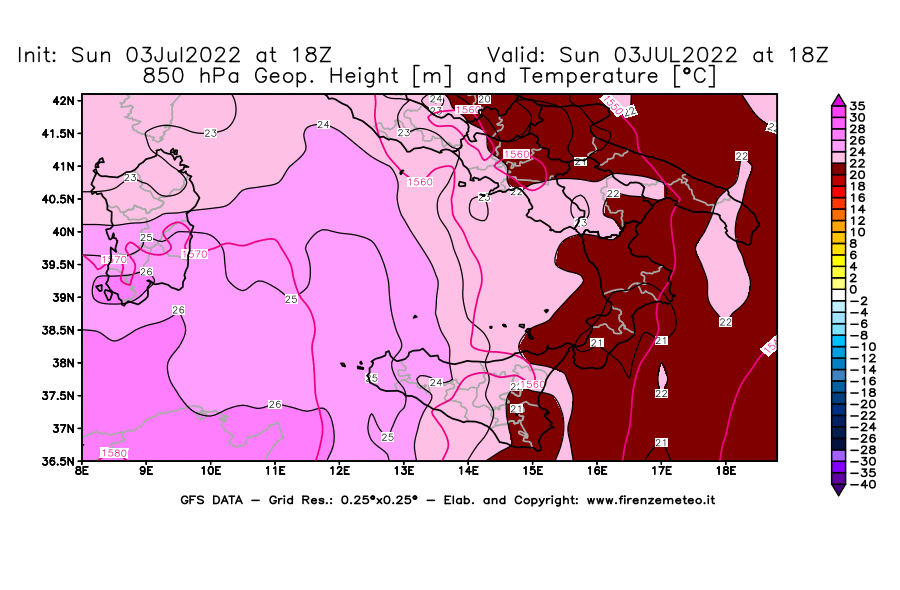 GFS analysi map - Geopotential [m] and Temperature [°C] at 850 hPa in Southern Italy
									on 03/07/2022 18 <!--googleoff: index-->UTC<!--googleon: index-->