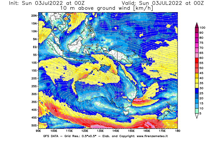 Mappa di analisi GFS - Velocità del vento a 10 metri dal suolo [km/h] in Oceania
							del 03/07/2022 00 <!--googleoff: index-->UTC<!--googleon: index-->