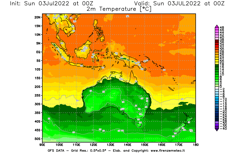 GFS analysi map - Temperature at 2 m above ground [°C] in Oceania
									on 03/07/2022 00 <!--googleoff: index-->UTC<!--googleon: index-->