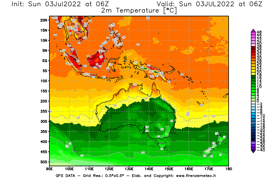 Mappa di analisi GFS - Temperatura a 2 metri dal suolo [°C] in Oceania
							del 03/07/2022 06 <!--googleoff: index-->UTC<!--googleon: index-->