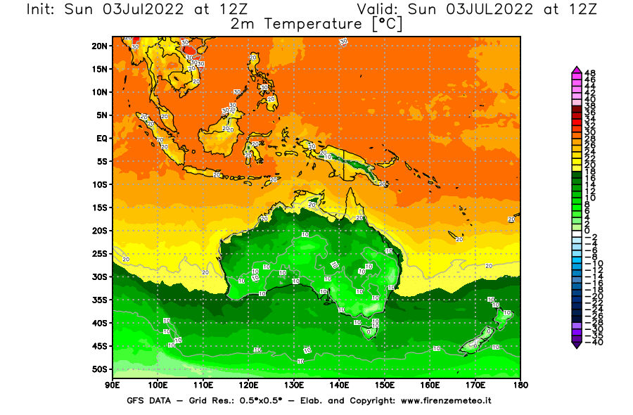 Mappa di analisi GFS - Temperatura a 2 metri dal suolo [°C] in Oceania
							del 03/07/2022 12 <!--googleoff: index-->UTC<!--googleon: index-->